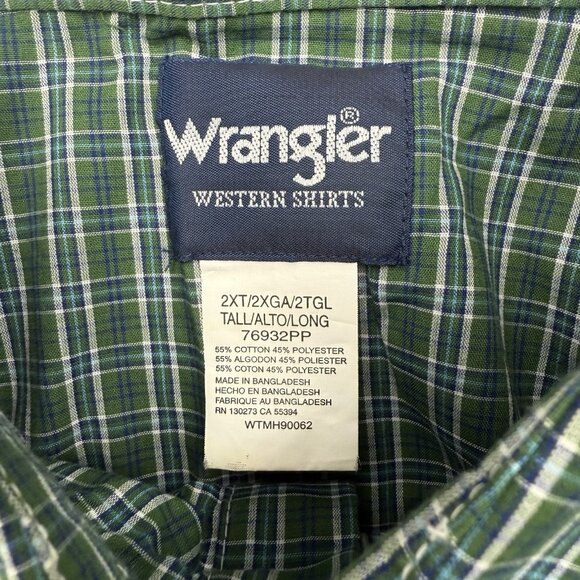 Wrangler Mens 2XT Tall Green Plaid Pearl Snap Short Sleeve Button Up Shirt - Picture 4 of 5